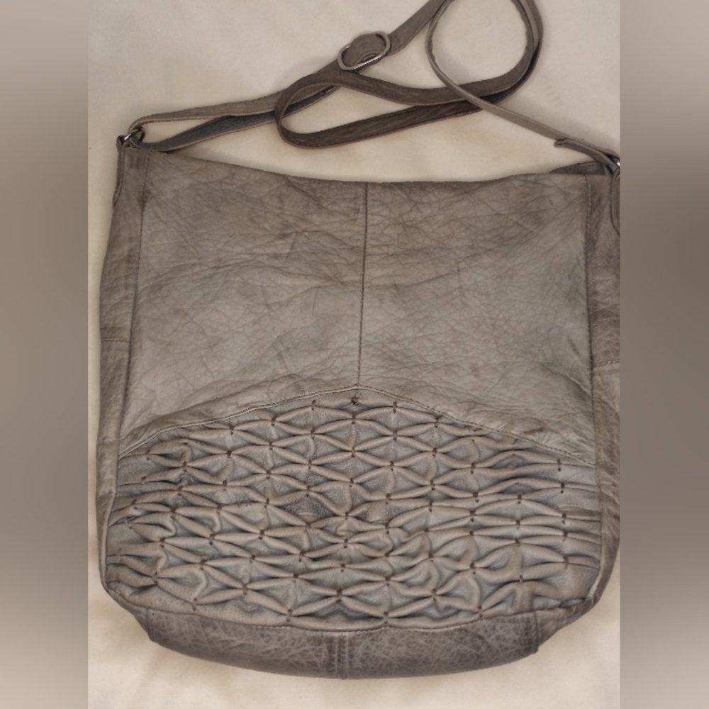 Anthropologie Taupe Leather Hobo with Woven Front Detail - Picture 4 of 9